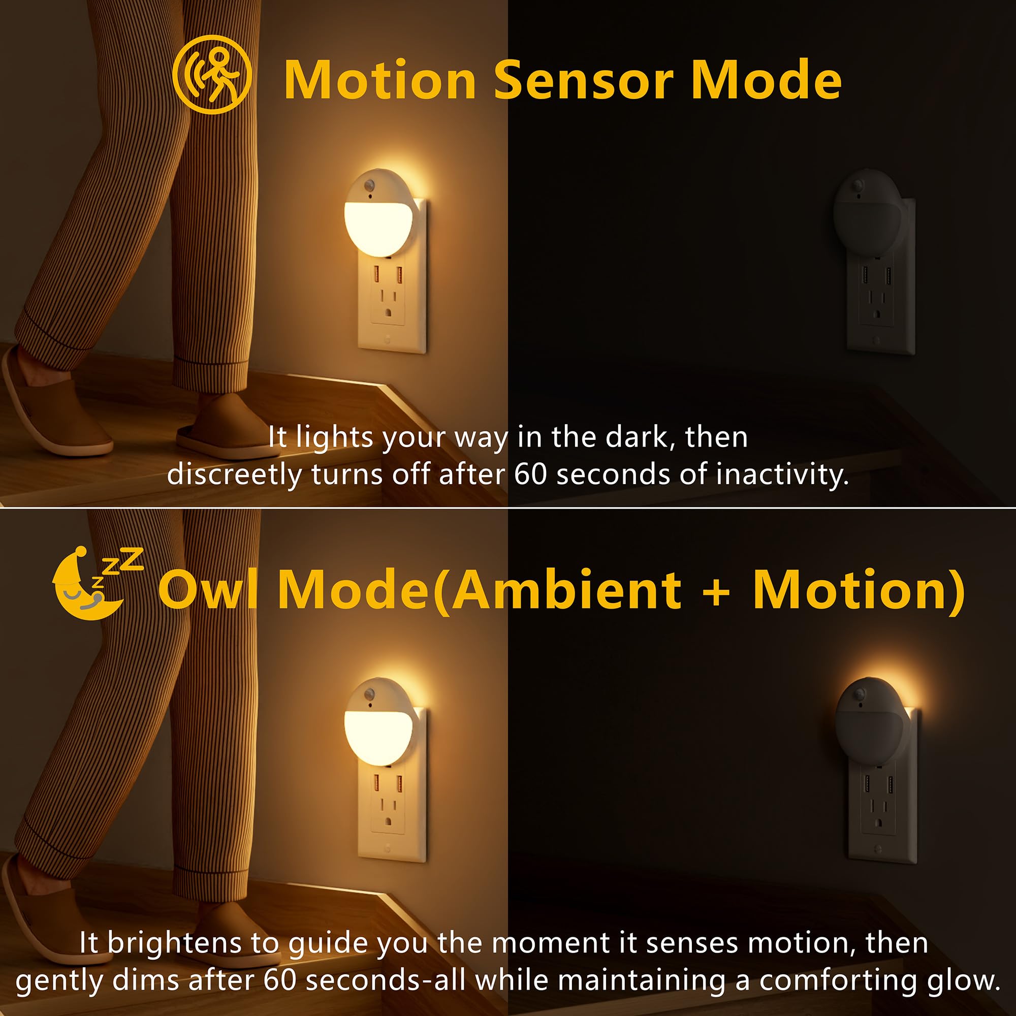 YUNLEX 2 Pack Plug in Night Light with Motion Sensor and Dusk to Dawn Sensor Stepless Dimming Warm — view 2