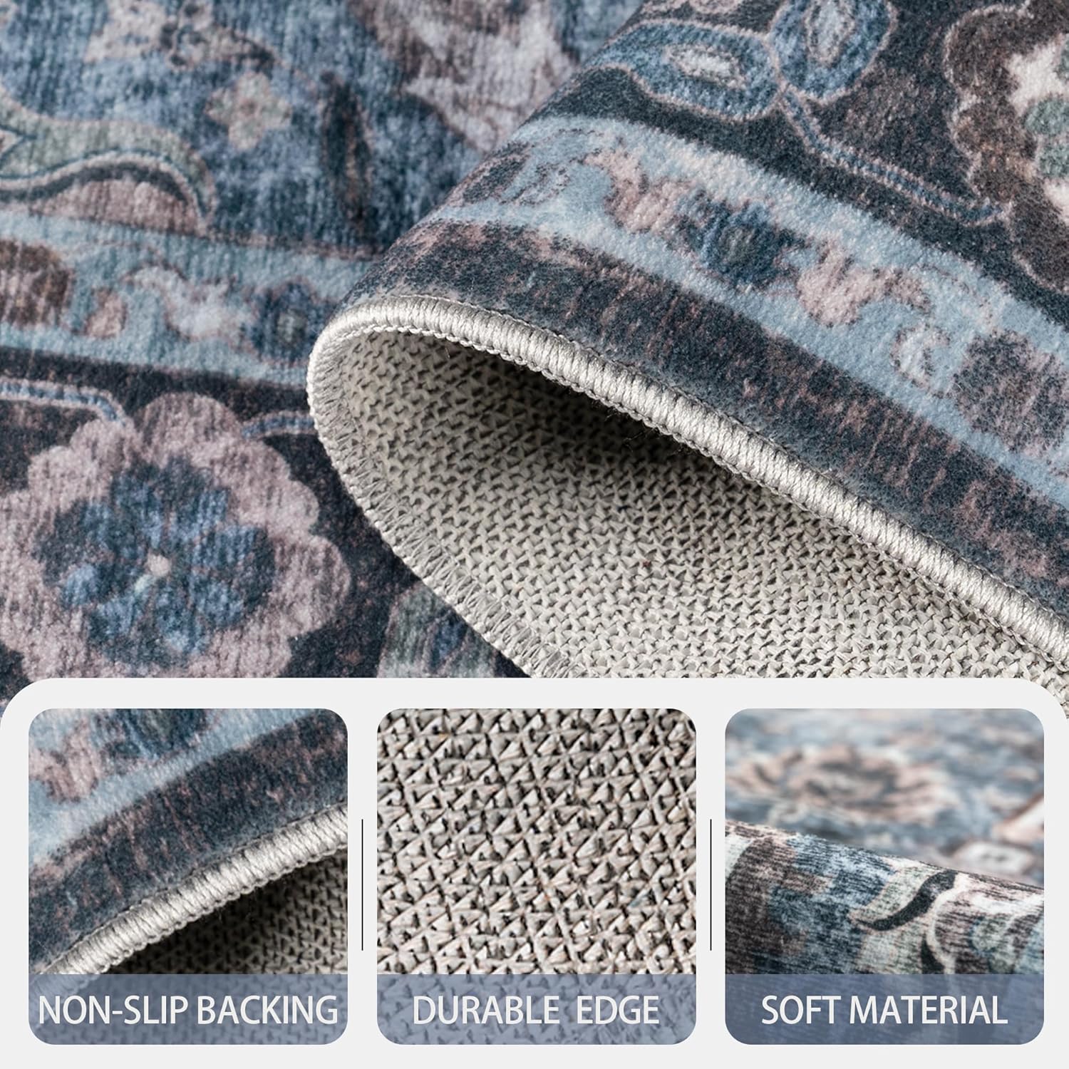 5x7 Area Rugs, Soft Non Slip Low Pile Washable Rug, Boho Modern Rug for Living Room, Bedroom, Dining Room, Blue