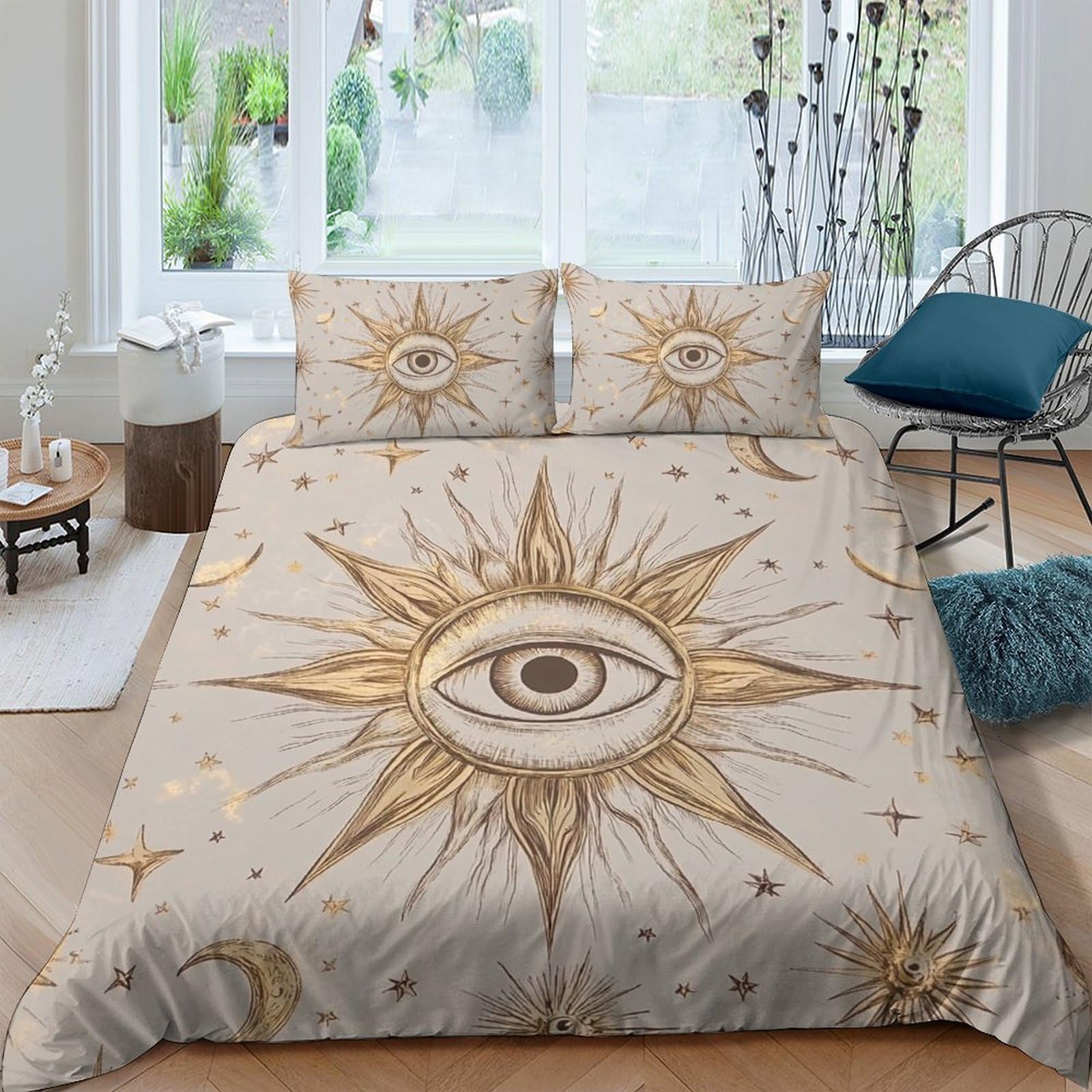 GPLZQXKJNH 3D Printed Sun Eye Duvet Cover Set Microfiber Soft Breathable Star Pattern Bedding Set with 2 Pillowcases for Bedroom Decor Single（135x200cm）