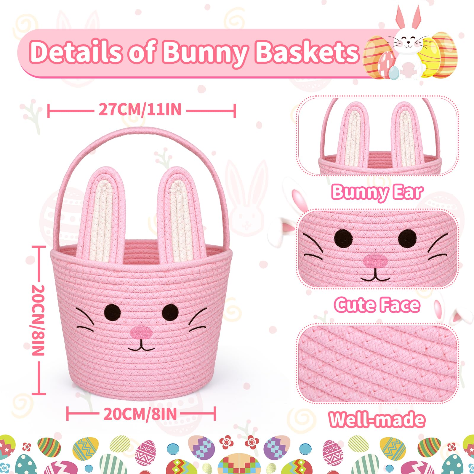 Easter Baskets for Kids,Pink Bunny Woven Storage Basket for Egg Hunting,Rabbit Toy Storage Container Organization for Egg Hunts,Easter Gifts for Kids Boys Girls