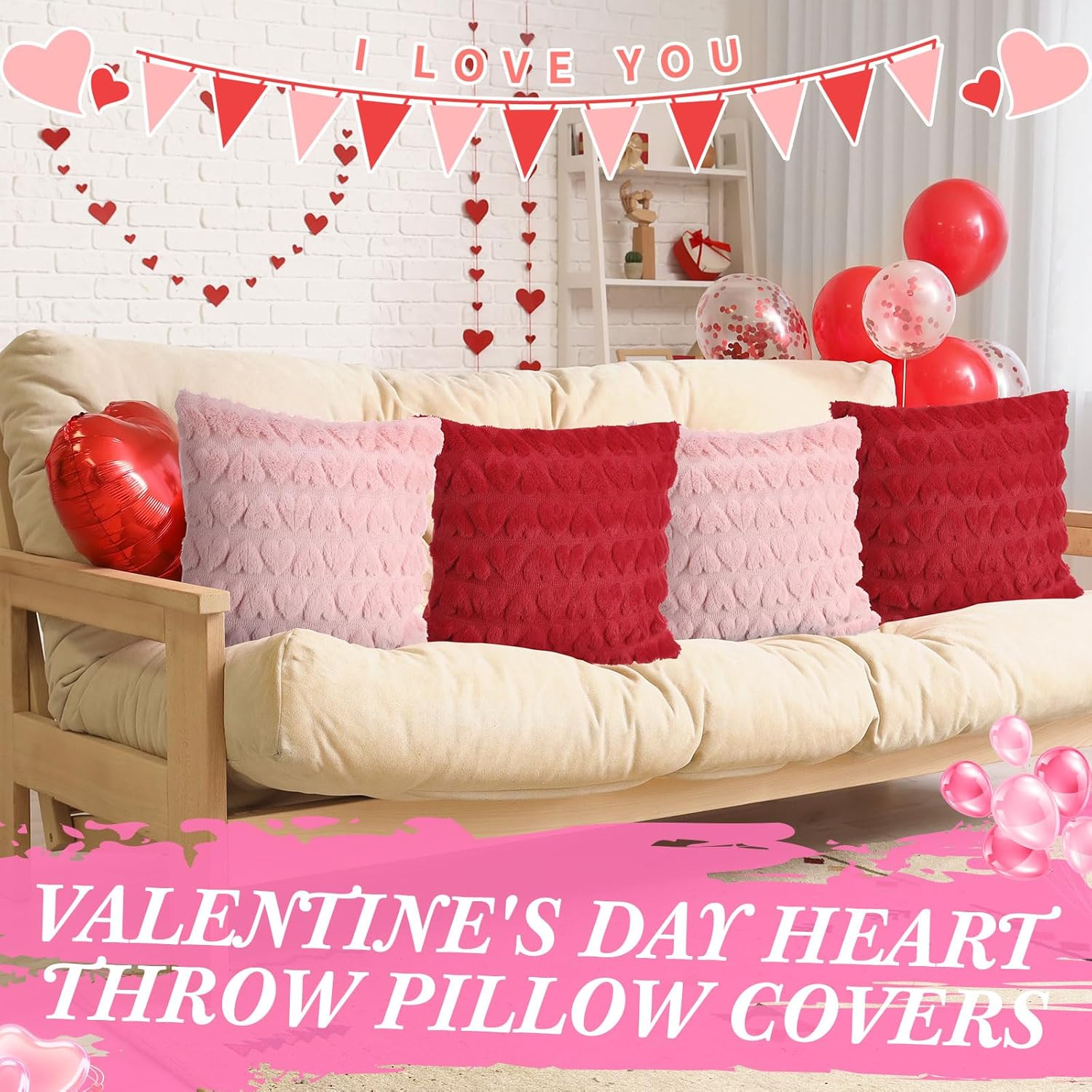 Mixweer 4 Pcs Valentine‘s Day Heart Throw Pillow Covers 18x18 Inches Plush Faux Fur Wool Pillow Covers for Couch Sofa Living Room Decor Couple Present Valentine Gift(Red,Pink)