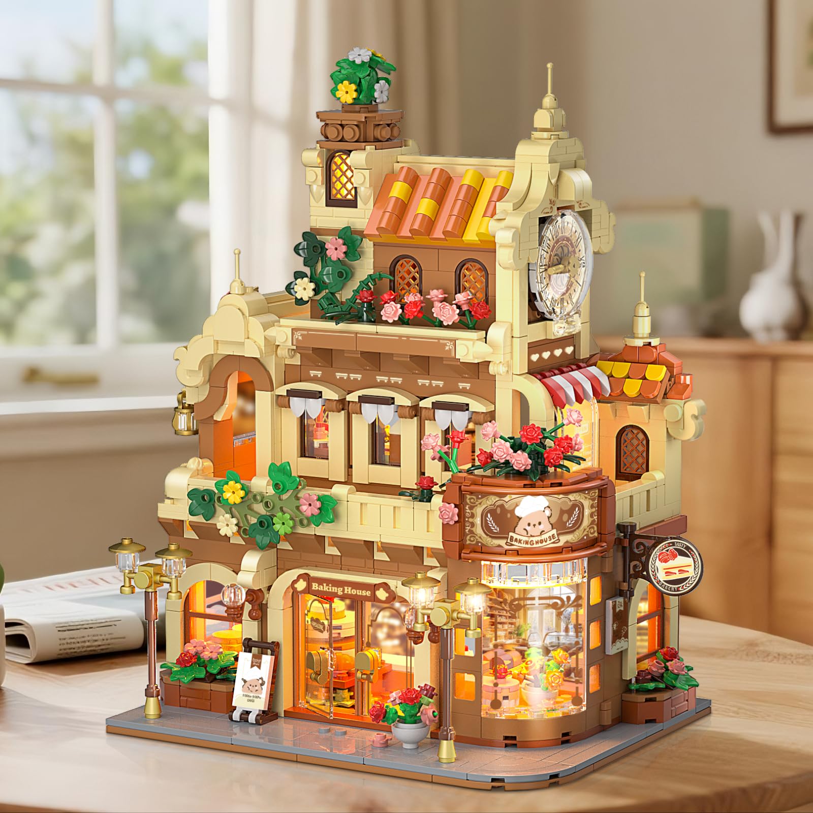 PLAXSOON City Panadería Cafetería Casa Kit de construcción con luz – 1289 piezas Backshop Baublock Juguetes con café, pasteles y pan – Pastelería Modelo de construcción para adultos, adolescentes y