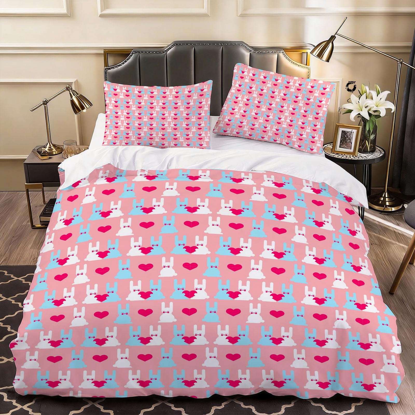 3D Cartoon Animal Rabbit Duvet Cover Cute Animals Bedding Double Bed Set, Soft Microfiber Comforter Cover Printed with Zipper Closure Quilt Coverr 200x200 cm and 2 Pillowcases
