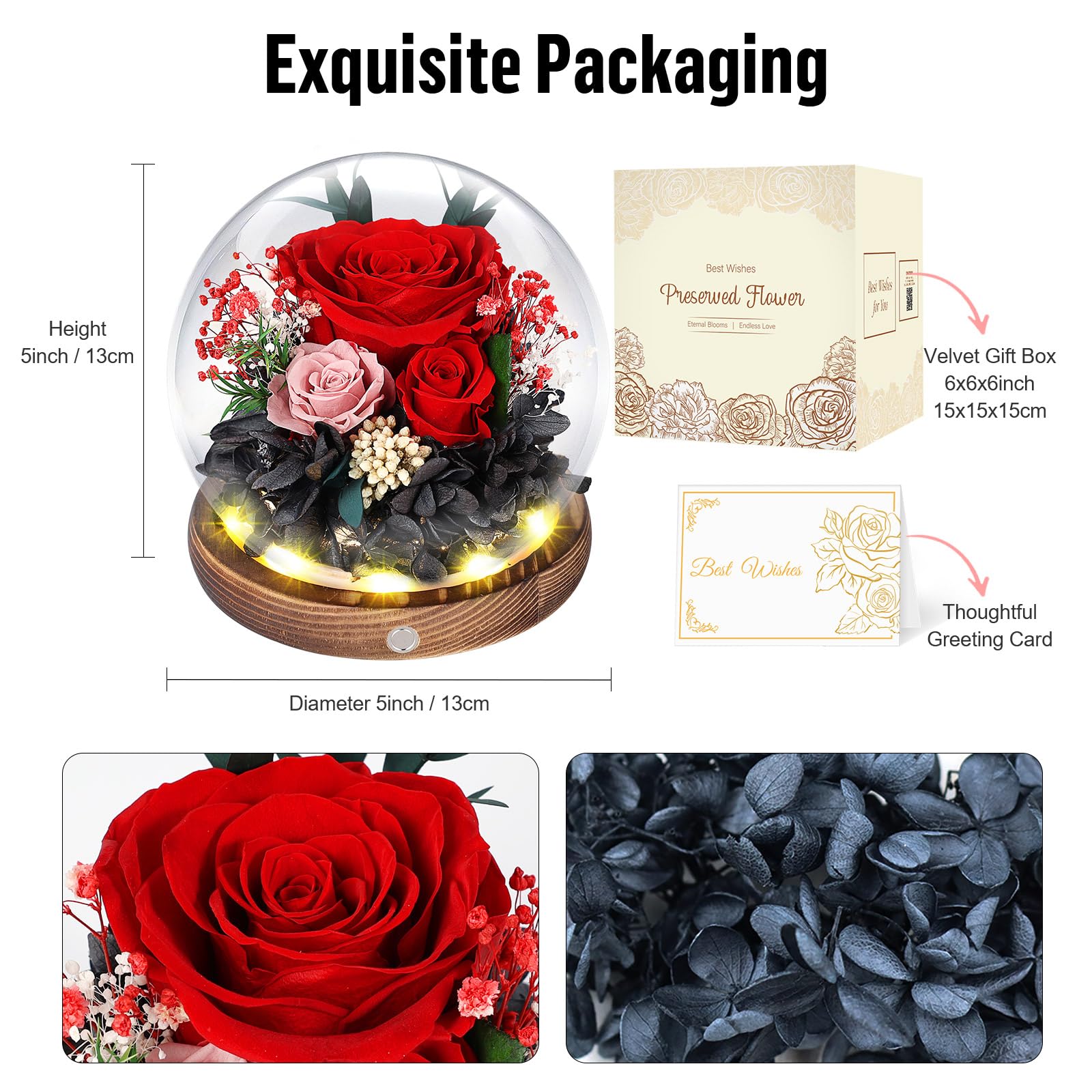 Rosa Stabilizzata Vera con Luci LED, Rosa Eterna La Bella e la Bestia, Regalo per Lei, Donna, Fidanzata, Mamma, Idee Regalo per San Valentino, Compleanno, Anniversario, Festa della Mamma (Rossa)