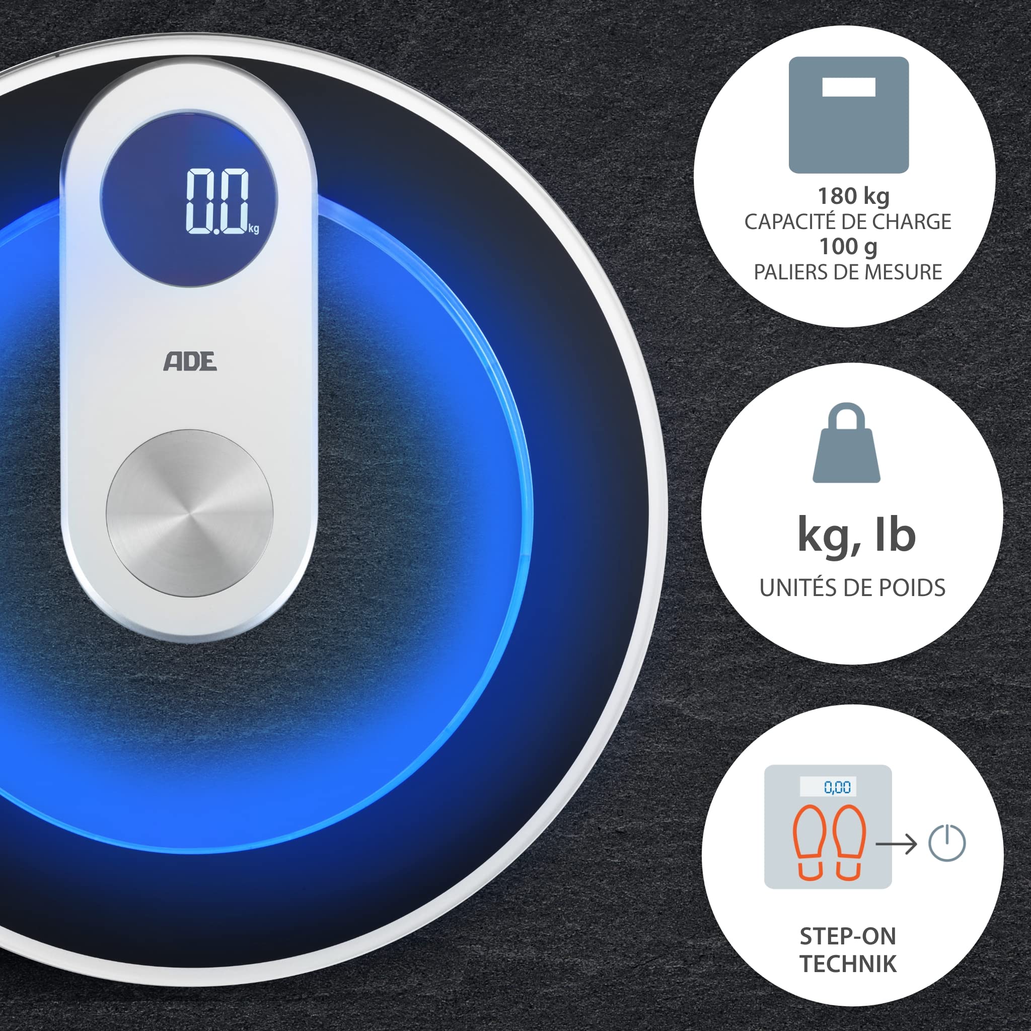 ADE Pèse-personne numérique en verre | résultats très précis | éclairage LED bleu stylé | écran LED | corps rond sans coins ni bords | jusqu'à 180 kg