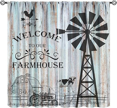 Cortinas rústicas de molino de viento, estilo vintage, estilo granja, puerta de granero, tablón de madera, estampado de vaca, gallo, campo, cortinas