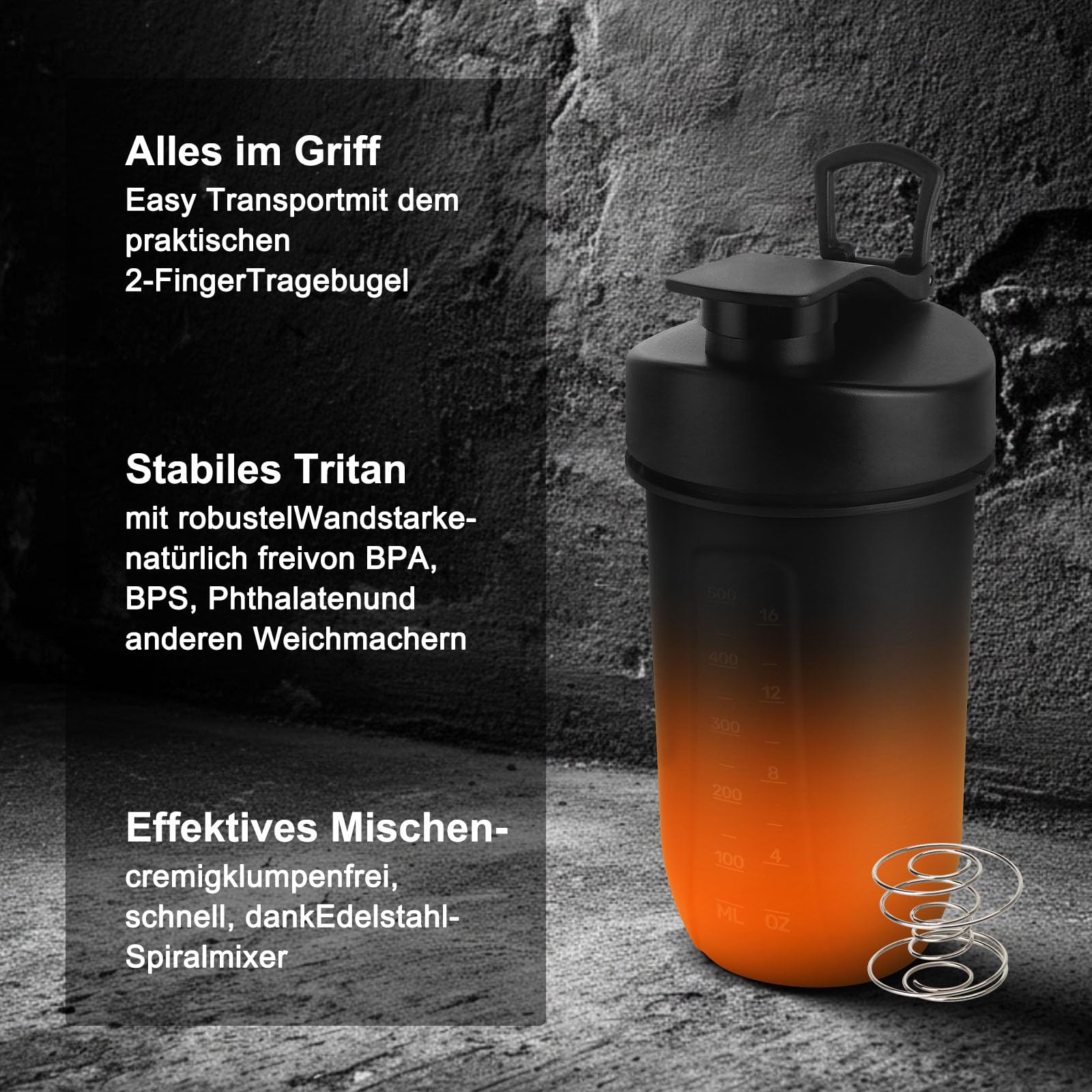 Shaker proteinowy 600 ml – szczelny, nie zawiera BPA, łatwe czyszczenie, tritan, mieszacz spiralny do kremowych szejków, nadaje się do mycia w zmywarce – shaker do białek premium (czarno-pomarańczowy)