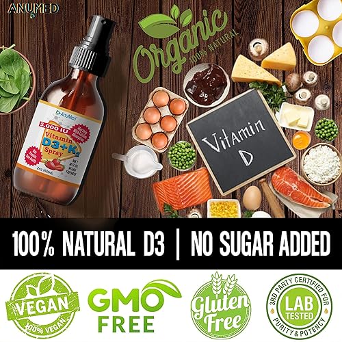 Miniatura 7 de Spray líquido de vitamina D3 K2 de 5,000 UI con aceite MCT orgánico, vitamina A (retinol) 1250 mcg, K2 (MK4, MK7) promueve el corazón, los huesos,