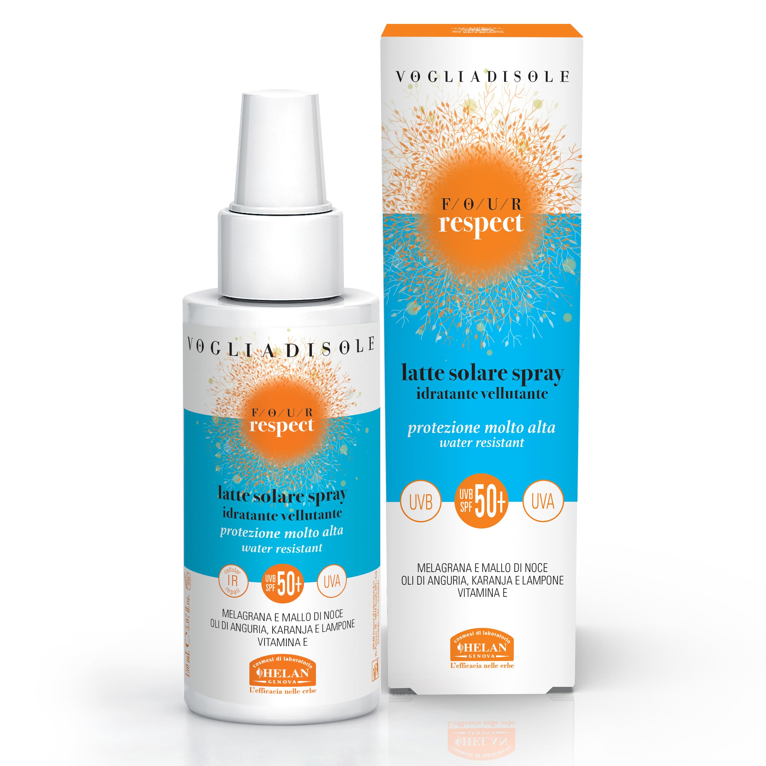 Helan, Vogliadisole Respect - Sunscreen 50+ Spray, High Sun Protection 50+ against Erythema and Sunburn, Water Resistant Moisturising Scented Body Cream with Vitamin E against UVA/UVB Rays 150 ml