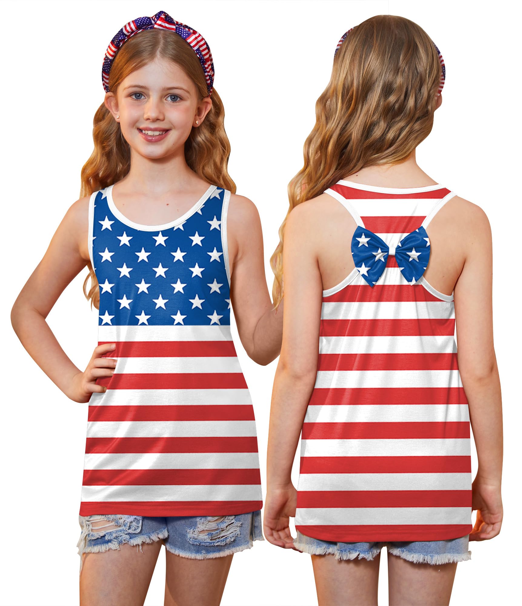 4th of July Girls Flag Tank Top Back Bow Sleeveless Patriotic Holidays T-Shirt 4-14 Years
