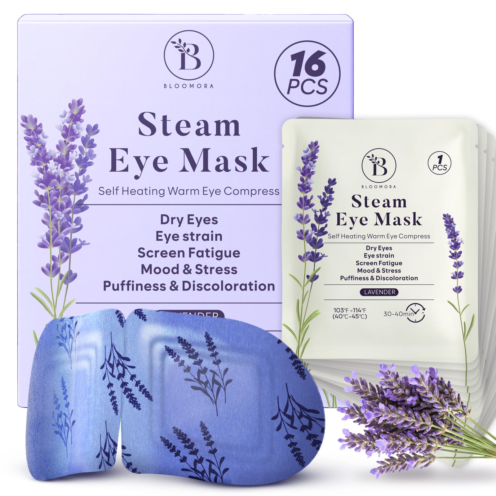 16 sztuk samonagrzewających się lawendowych masek na oczy, Steam Eye Mask przeciwko suchości, opuchliznom i zmęczeniu oczu – jednorazowy kompres cieplny do snu i podróży, ciepła maska płatki pod oczy