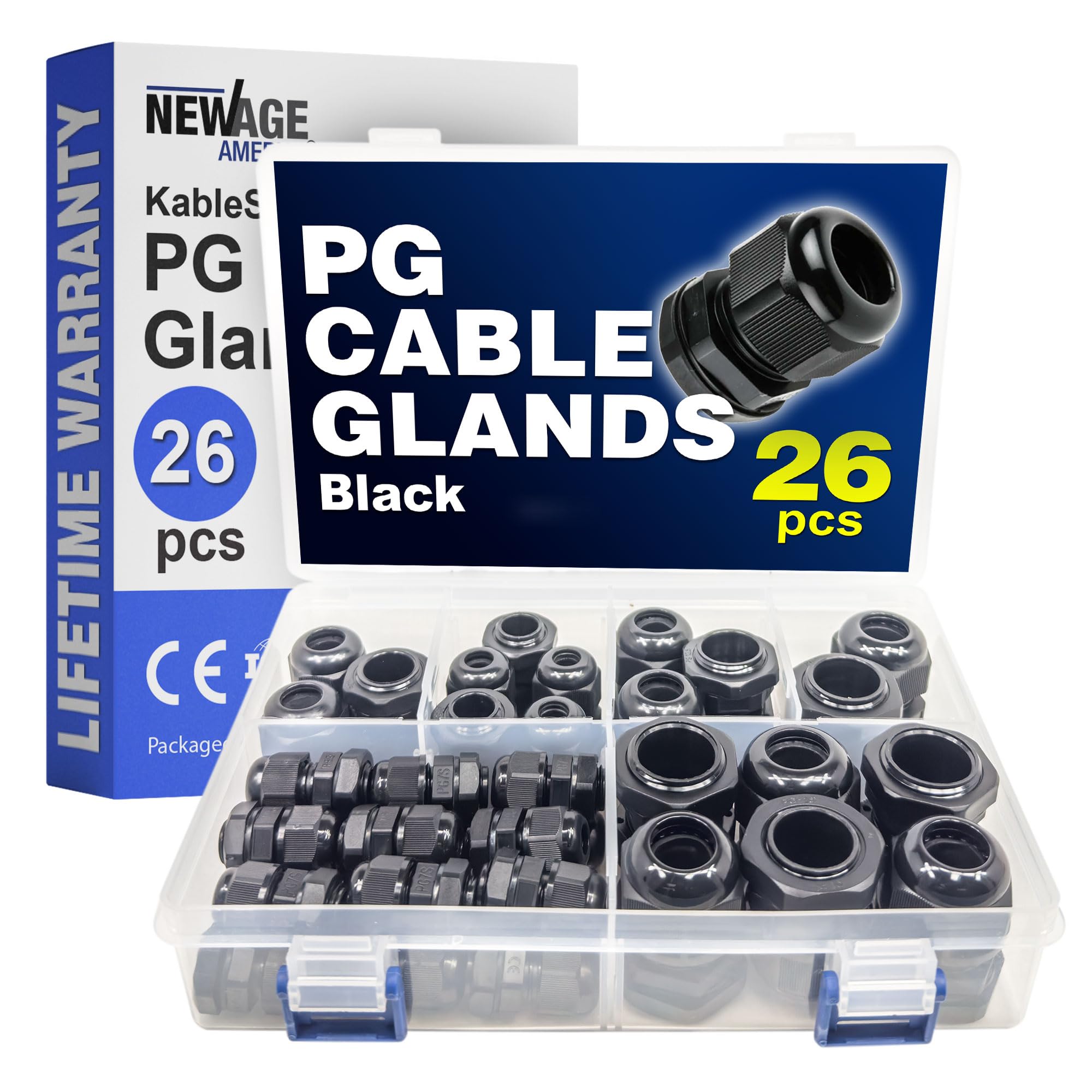 New Age America® Juego de 26 prensaestopas PG KableLock™ | Blanco | PG7 – PG19 | Alivio de tensión de agarre de cable de nailon |