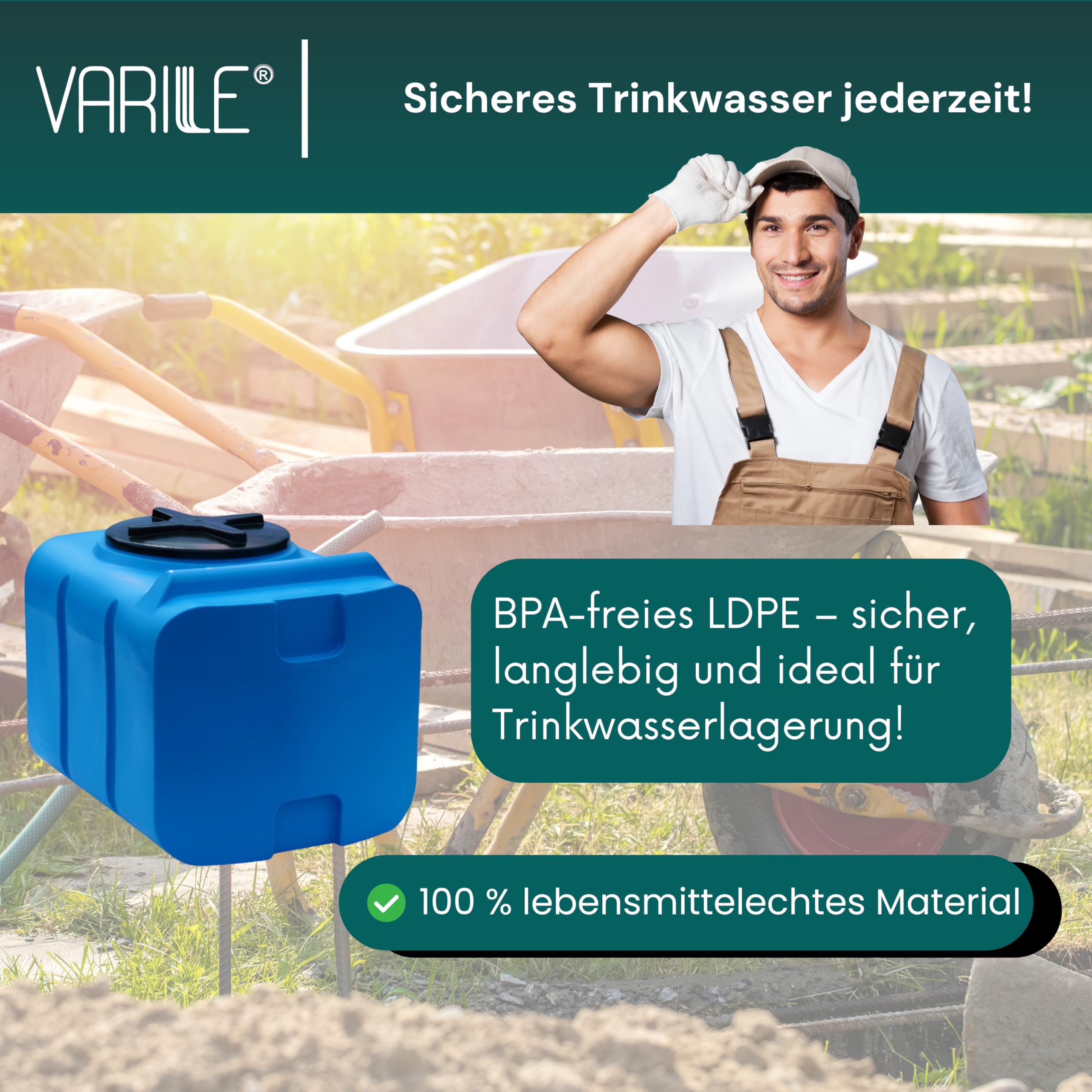 Varile 200L Trinkwassertank in Blau – Lebensmittelecht, BPA-frei, UV-beständig, mit 3/4" Messinggewinde für vielseitige Nutzung