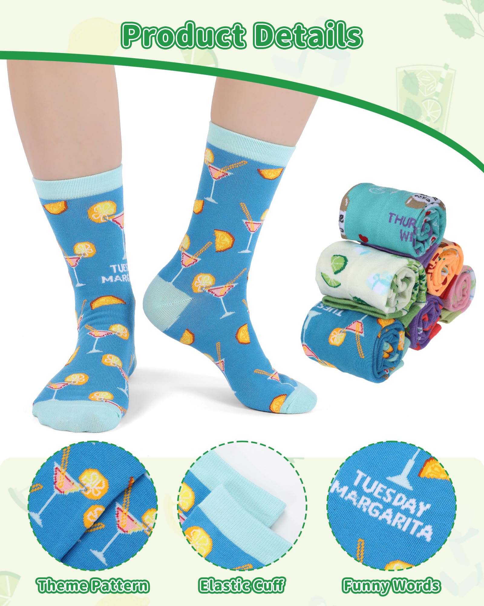 Newcotte 7 Pairs Women's Funny Drink & Alcohol-themed Crew Socks, Novelty from Sunday to Saturday Drink Week Gift, Liquor Wine and Beer Socks for Drinking Lover Cocktail Enthusiast Birthday Holiday