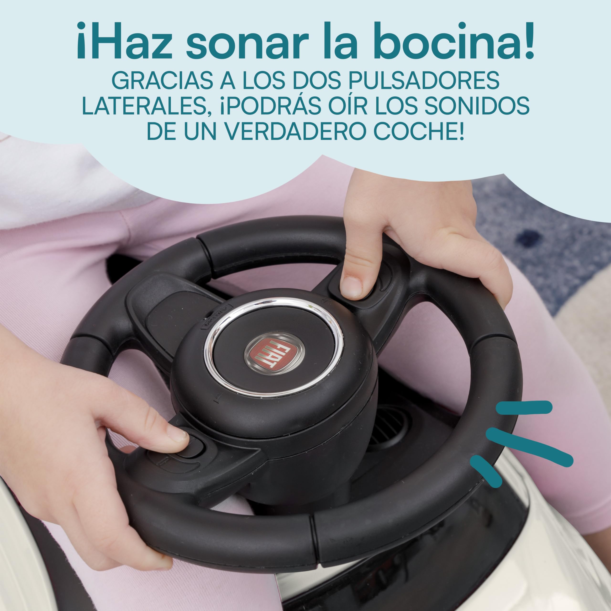 Baroni Toys Fiat 500 Coche de Paseo para Niños de 12 a 36 Meses, Volante con Claxon y Sonidos, Compartimento Portaobjetos y Respaldo, Coche Infantil para Aprender a Andar, Blanco, 28x60x23 cm