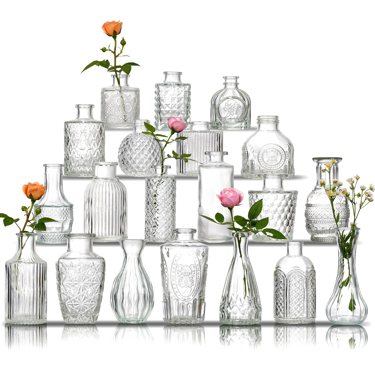 Photo 1 of Glass  Vase Set of 20 - Small Vases for Flowers in Bulk - Assorted Vintage Crystal Vases for Flowers, Table Centerpieces (Clear, 20 Pcs)