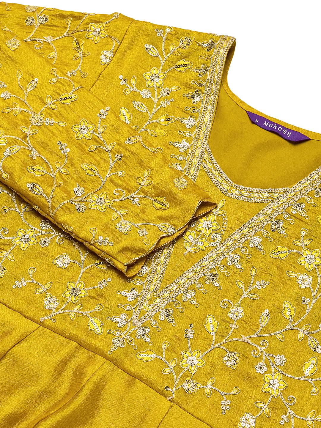 MOKOSH Women's Embroidered Mustard Anarkali and Pant with Dupatta Set-471-02-L - Image 5 thumbnail