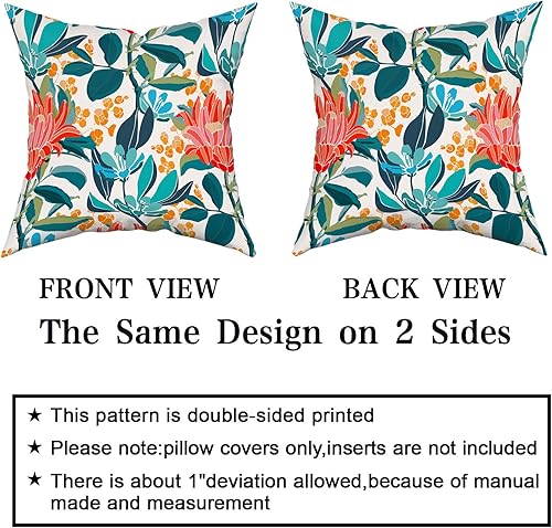 Miniatura 4 de Juego de 2 fundas de almohada de 16 x 16 pulgadas con diseño floral de coral verde turquesa, hojas y flores naranjas, fundas de cojín de algodón