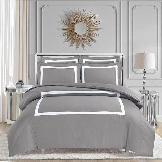 Majestic Giftware Madison Linen 8-Piece Full Size Duvet Bedding Set (BL1-F-3) | Province Hotel Collection-Taupe-White Tape 400 TC Cotton Sateen | 2 Fitted Sheets, 2 Duvets, 4 Pillowcases