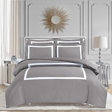 Majestic Giftware Madison Linen 8-Piece Full Size Duvet Bedding Set (BL1-F-3) | Province Hotel Collection-Taupe-White Tape 400 TC Cotton Sateen | 2 Fitted Sheets, 2 Duvets, 4 Pillowcases
