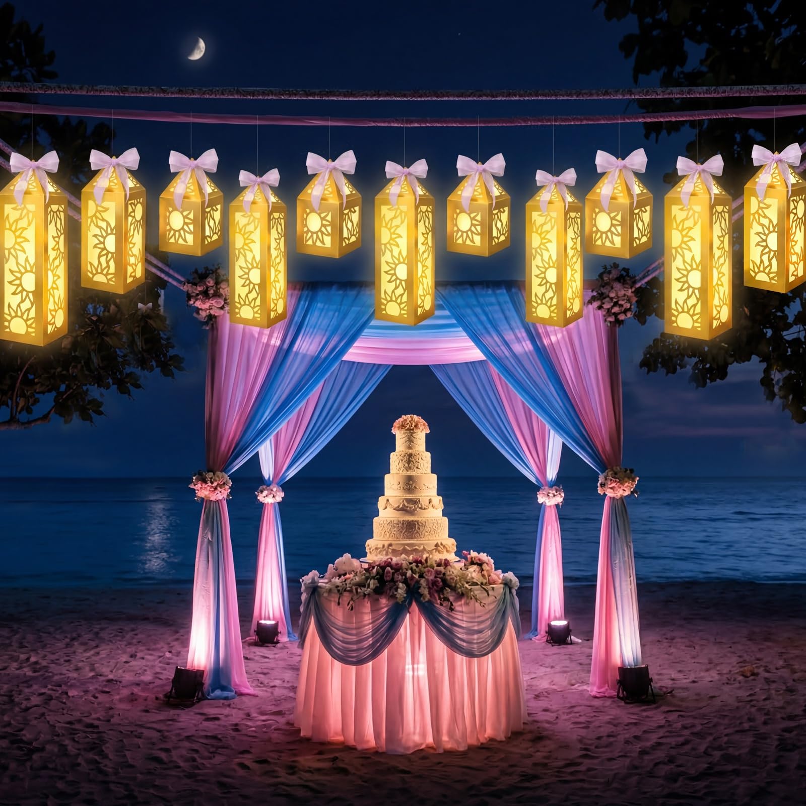 15 piezas de decoración de fiesta de princesa, faroles dorados con luces LED, cinta para decoración de mesa de cumpleaños de niñas (pilas no incluidas)