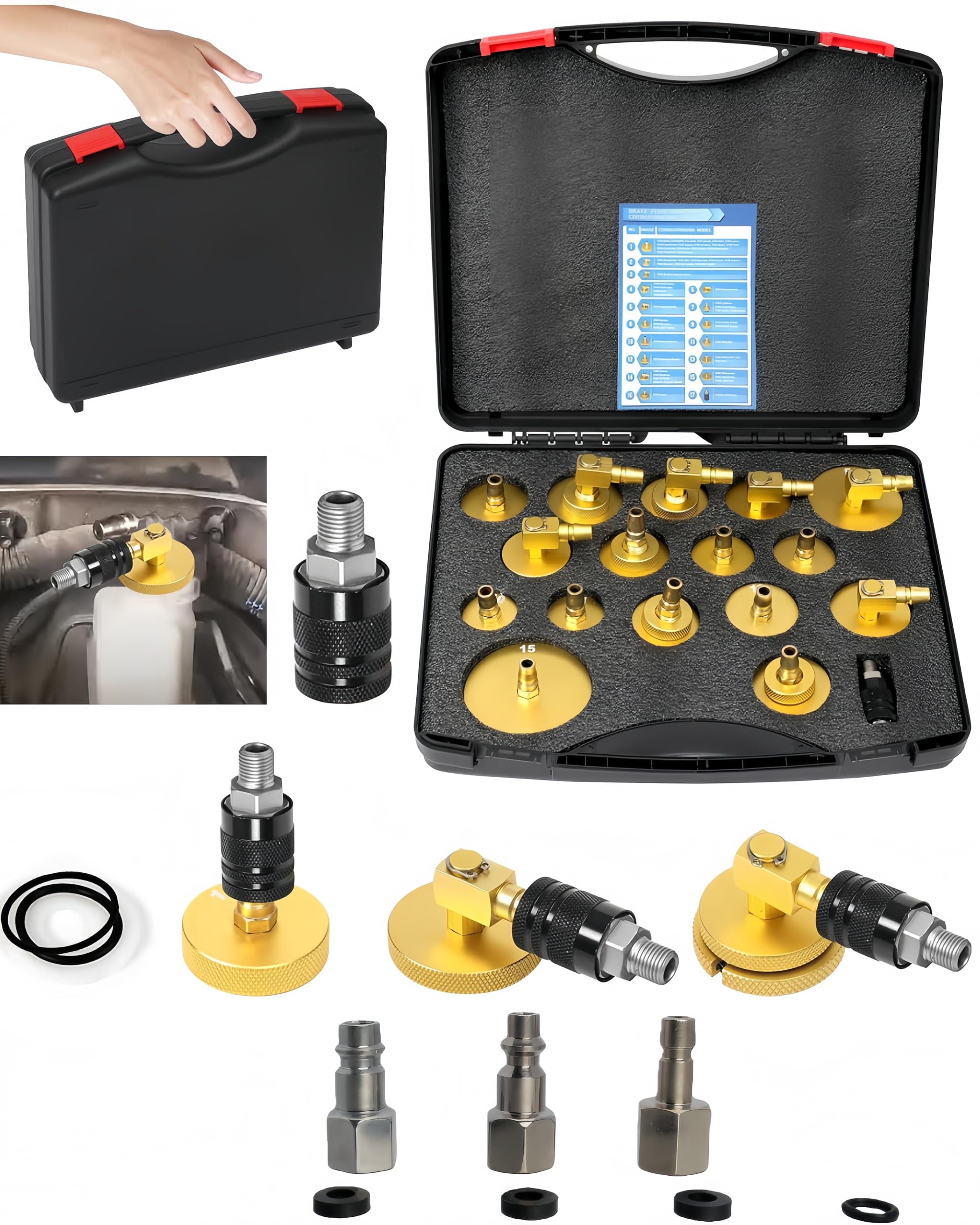 17 Piezas Purgador Frenos Coche Juego de Adaptadores Purga de Frenos de Automóvil Adaptador con Acoplamiento Rápido, Purgar o Rellenar Líquido de Frenos Compatible con VW para BMW...