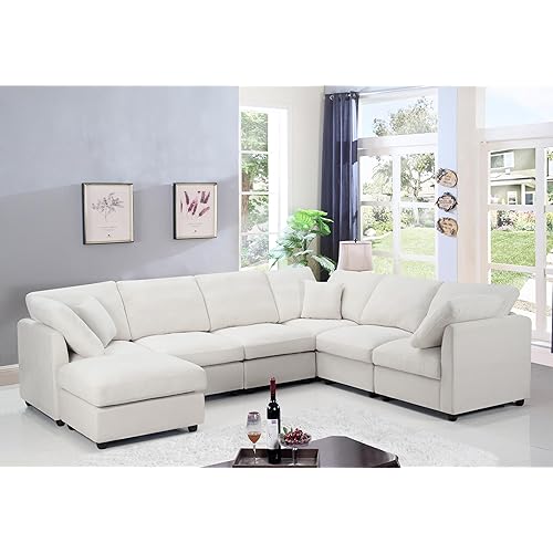 7 Seater Oversized Modular Sectional Sofa Deep Seat Cloud Couch with Reversible Chaise - Free Combination Convertible Lounge Sofa&Couch with Movable Ottoman for Living Room Apartment Office