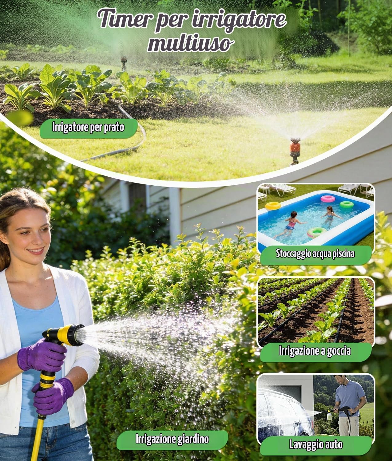 WADEO Timer per Irrigazione, [Raccordi in Ottone] [2 Uscite], Programmabile Automatico/Manuale/Ritardo Pioggia/Blocco Bambini per Giardino, Prato, Patio, Fattoria