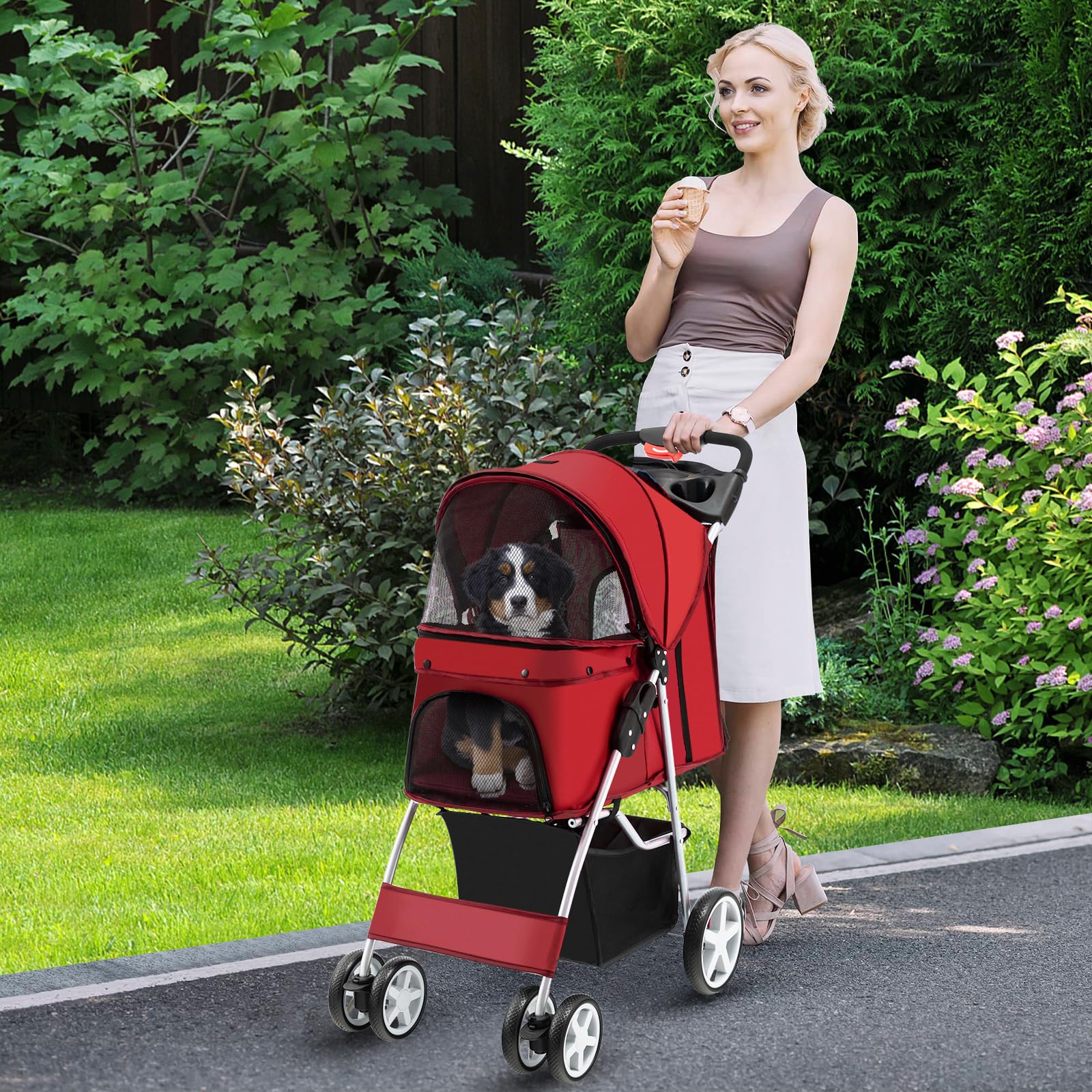 COSTWAY Passeggino per Cani, Carrozzina per Cani Pieghevole Fino a 15 kg, 4 Ruote con Finestra a Rete Porta Bicchiere e Cesto, Passeggino Portatile per Animali Piccola e Media (Rosso)