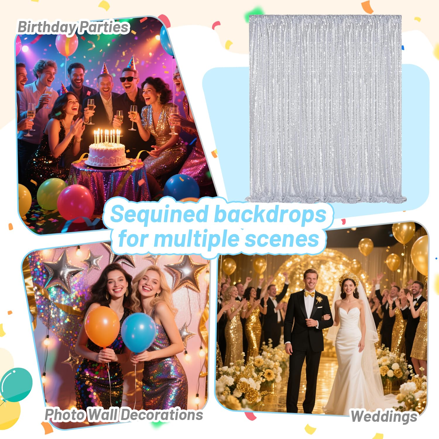 Silber Hintergrund Hochzeit Pailletten - 60 x 240 Cm Pailletten Stoff Hintergrund für Taufe Hochzeiten Geburtstag Schule Party Wohnkultur -4Stückf