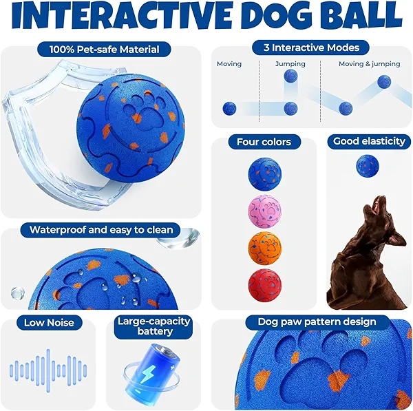 Fsitego Dog Balls: Interactive Dog Ball Auto Rolling - Interactive Dog Toys for Aggressive Chewers - Bouncy & Throwable, Type-C Rechargeable, Washable, for Small & Medium & Large Dogs – Blue