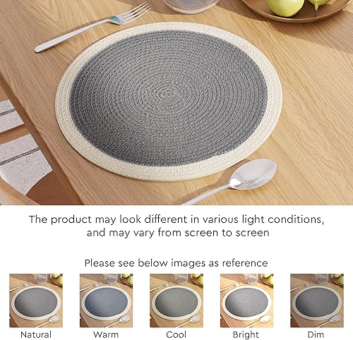 Miniatura 6 de Encasa XO Juego de 6 manteles individuales  Tapete redondo de algodón  13 pulgadas de diámetro  Gris claro y blanco roto  Cargadores para platos de