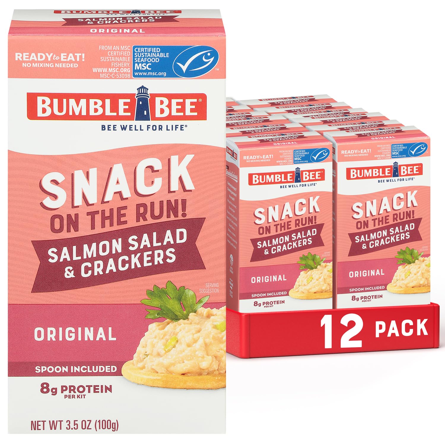 Bumble Bee Snack On The Run! Protein Pack, 8g per Box - Salmon Salad with Crackers Kit - Ready to Eat Easy-Open Can - Wild Caught MSC-Certified