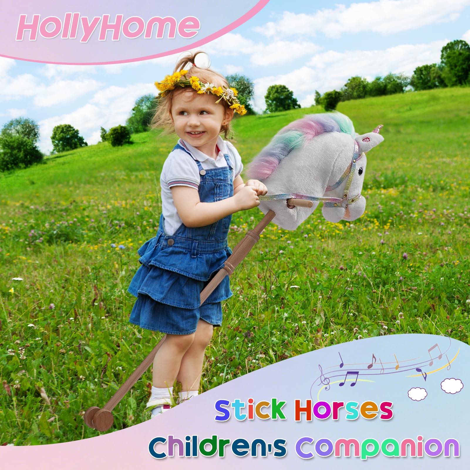 HollyHOME Cavallo a bastone con ruote in legno, vero pony che si avvicina e galoppa, unicorno hobby cavallo con briglia arcobaleno glitterato, bianco 91,2 cm (batterie AA richieste)