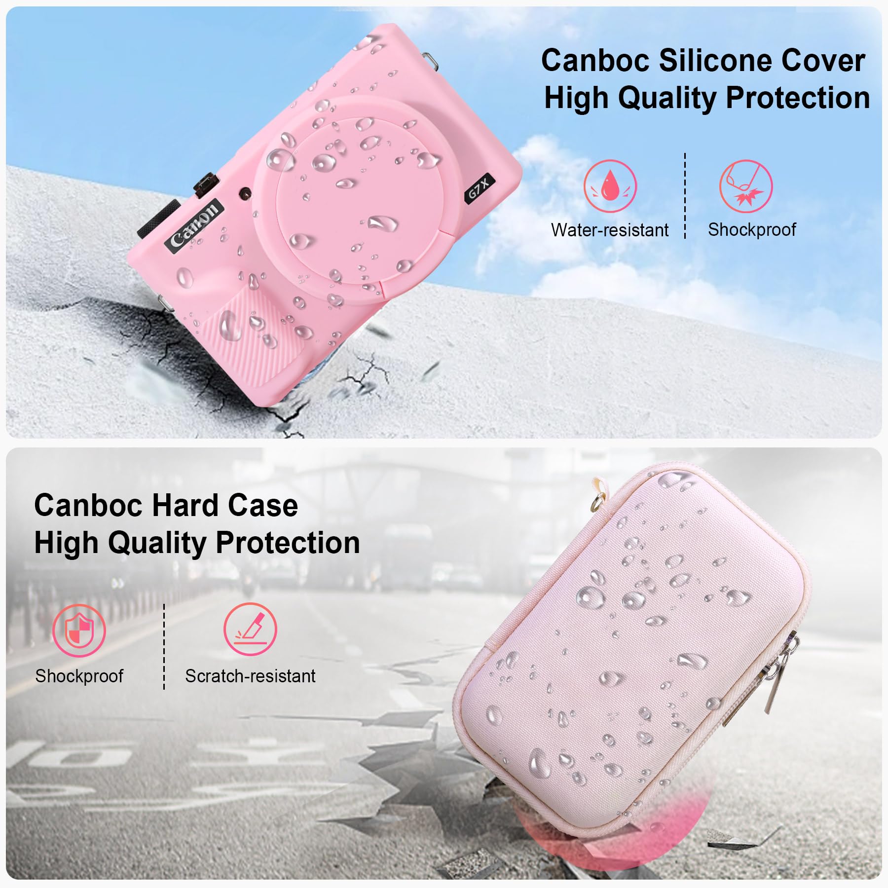 Estuche Canboc para cámara Digital Canon PowerShot G7X Mark III, Estuche de Transporte Duro + Cubierta de Silicona Suave con Cubierta de Lente extraíble, Rosa gelatina