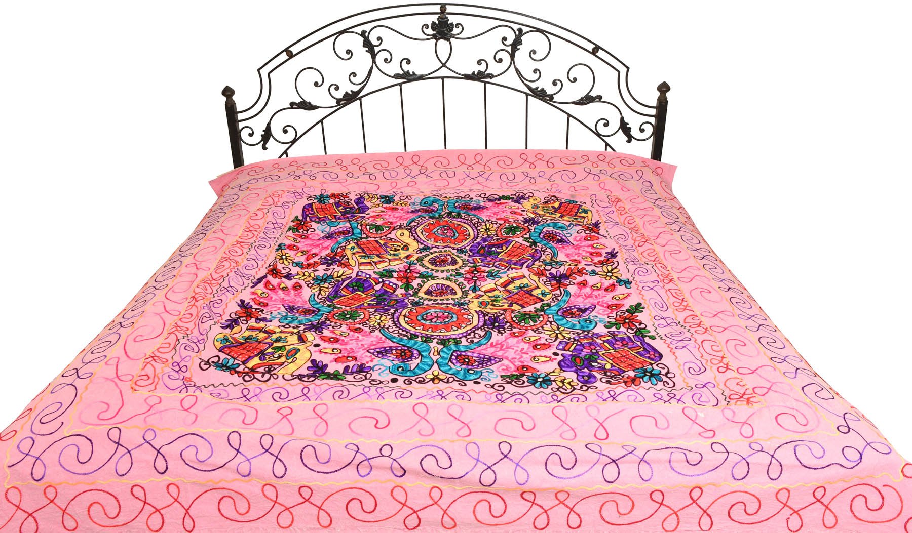 Exotic India Bedspread from Gujarat with Embroidered Animals - Pure Cotton - Color Prism Pink Color-image-2
