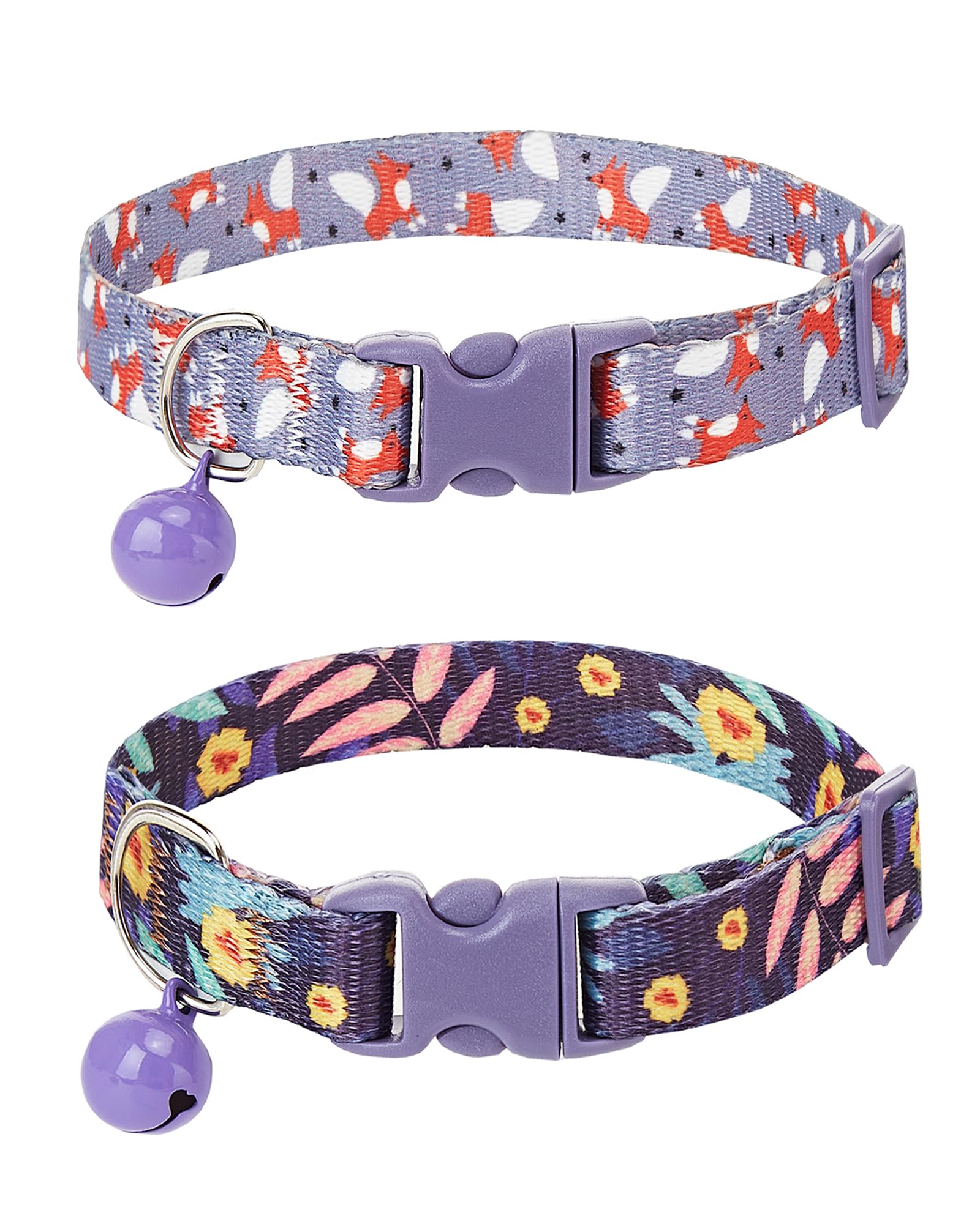 JUFOO 2PC cat Collar with Bells,Quick Release Safe Buckle Adjustable Kitten Collars,Printed Nylon Cute Collar for Boy and Girl Cats (Purple Fox)