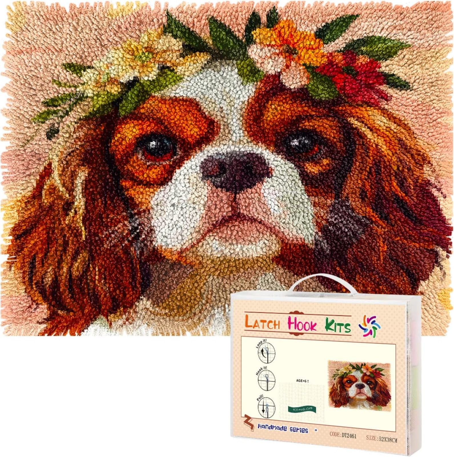 Kit di gancio a fermo per tappeti fai da te, set completo per principianti, adulti e bambini, fabbricazione artigianale di tappeti, ricamo punto croce creativo, cane cavaliere King Charles-90 x 120 cm