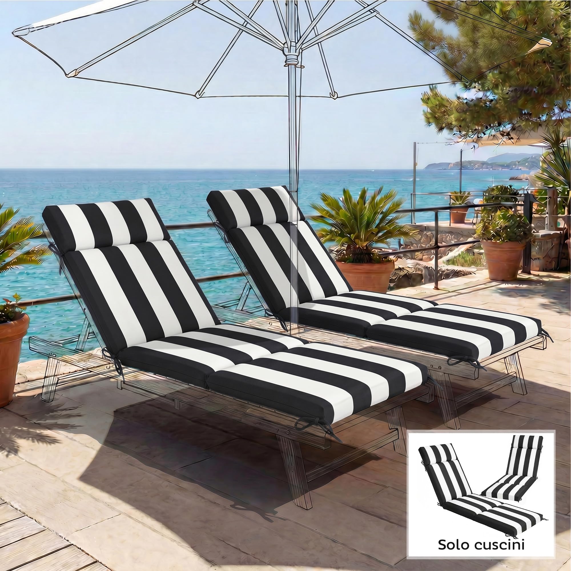 Outsunny Set 2 Cuscini per Sedie da Esterno con 6 Lacci di Fissaggio, Cuscini da Esterno Imbottito in Poliestere, per Sdraio Prendisole Giardino Patio, 183x53.5x6.5 cm, UV30+, Nero e Bianco