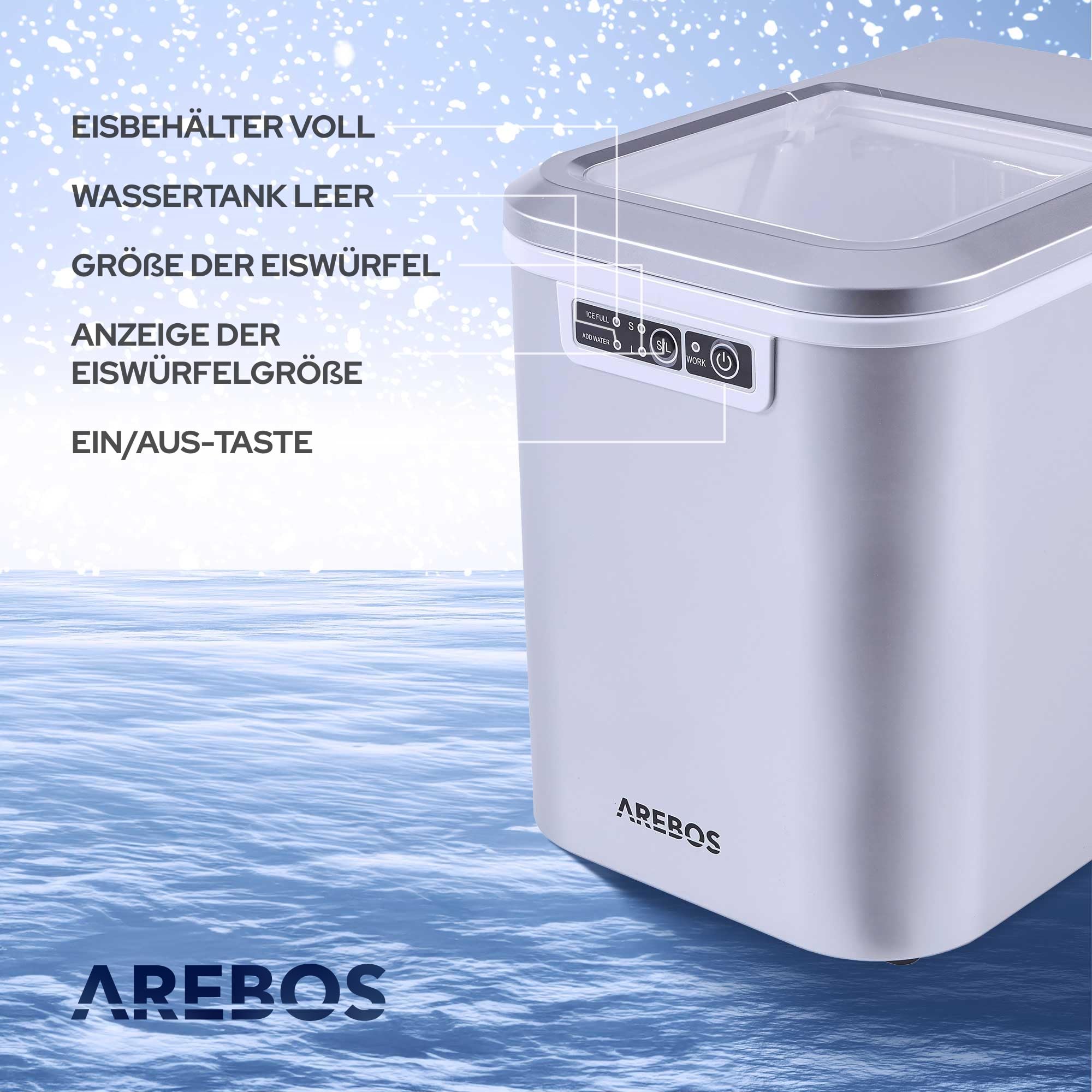 Arebos Eiswürfelmaschine 12 kg/24 h 2,2 L Wassertank Selbstreinigend Leise 2 Eiswürfel-Größen Silber