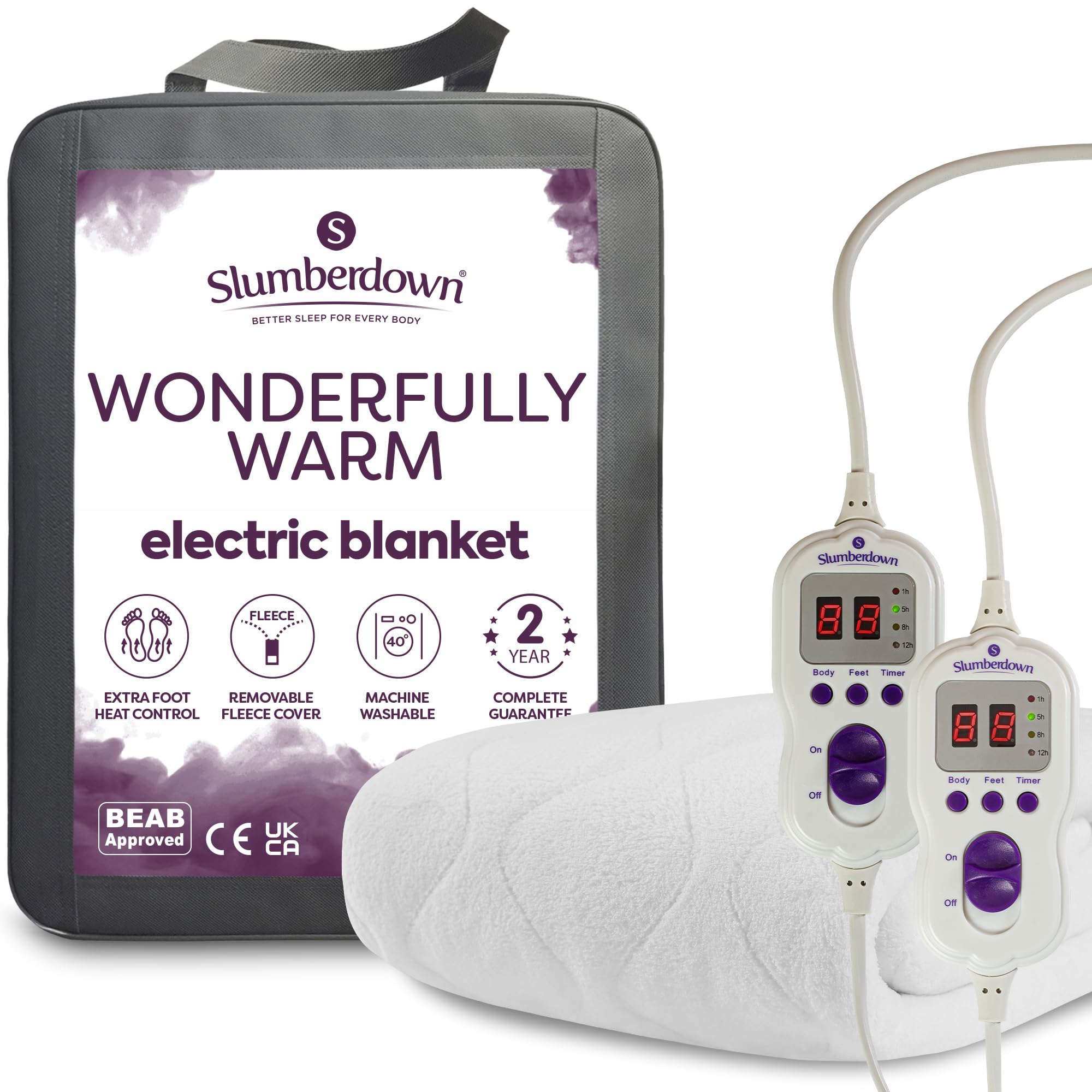 Slumberdown Luxury Electric Blanket Double - Multi-Zone Dual Control Fleece Blanket with 9 Heat Settings | BEAB-Approved, Easy Fit Straps & Washable Heated Blanket (150 x 120cm)