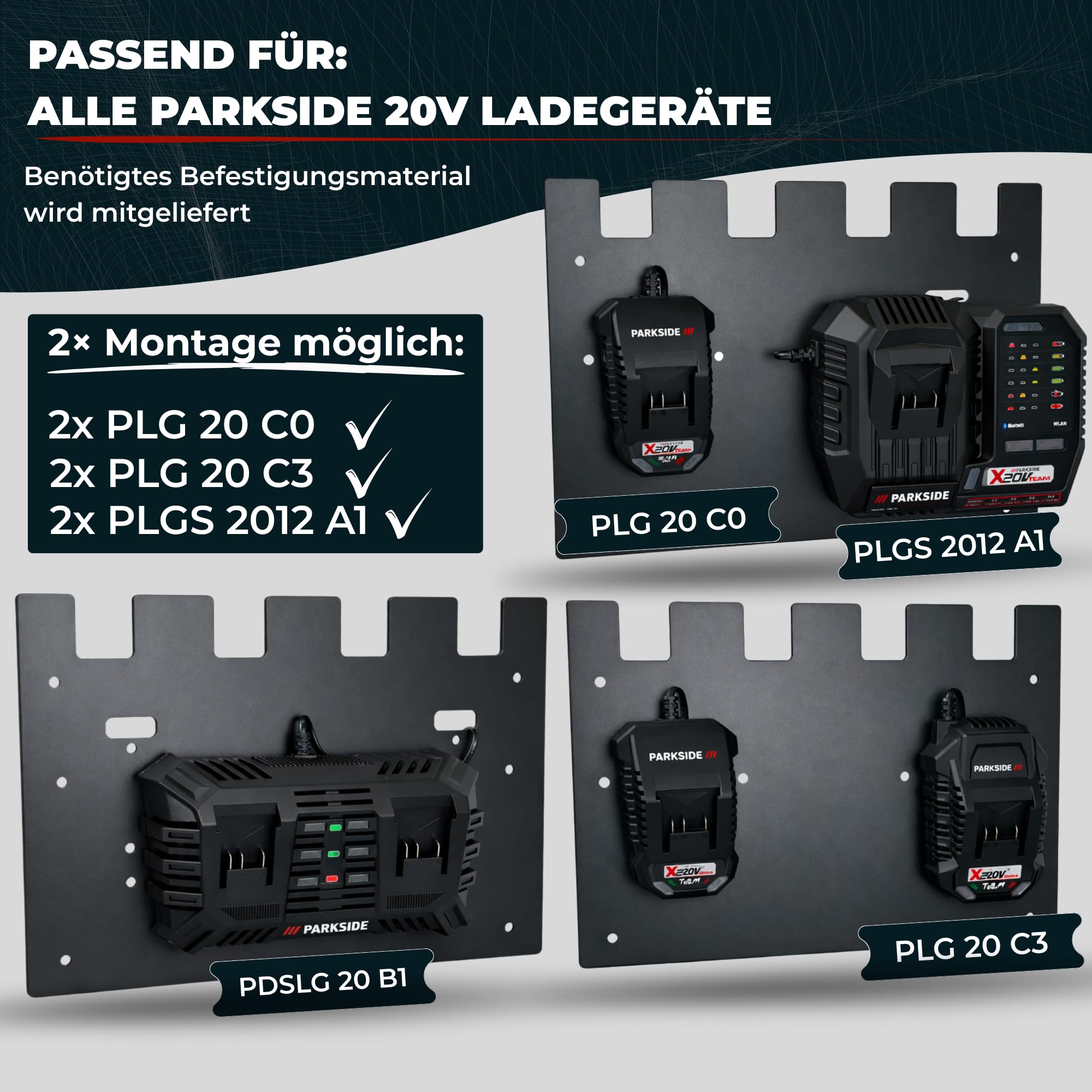 Wandfest® Supporto da parete per batterie e caricabatterie Parkside, con materiale di fissaggio [Made in Austria], supporto per batteria per 1-4 batterie, ora più ordine in officina e garage