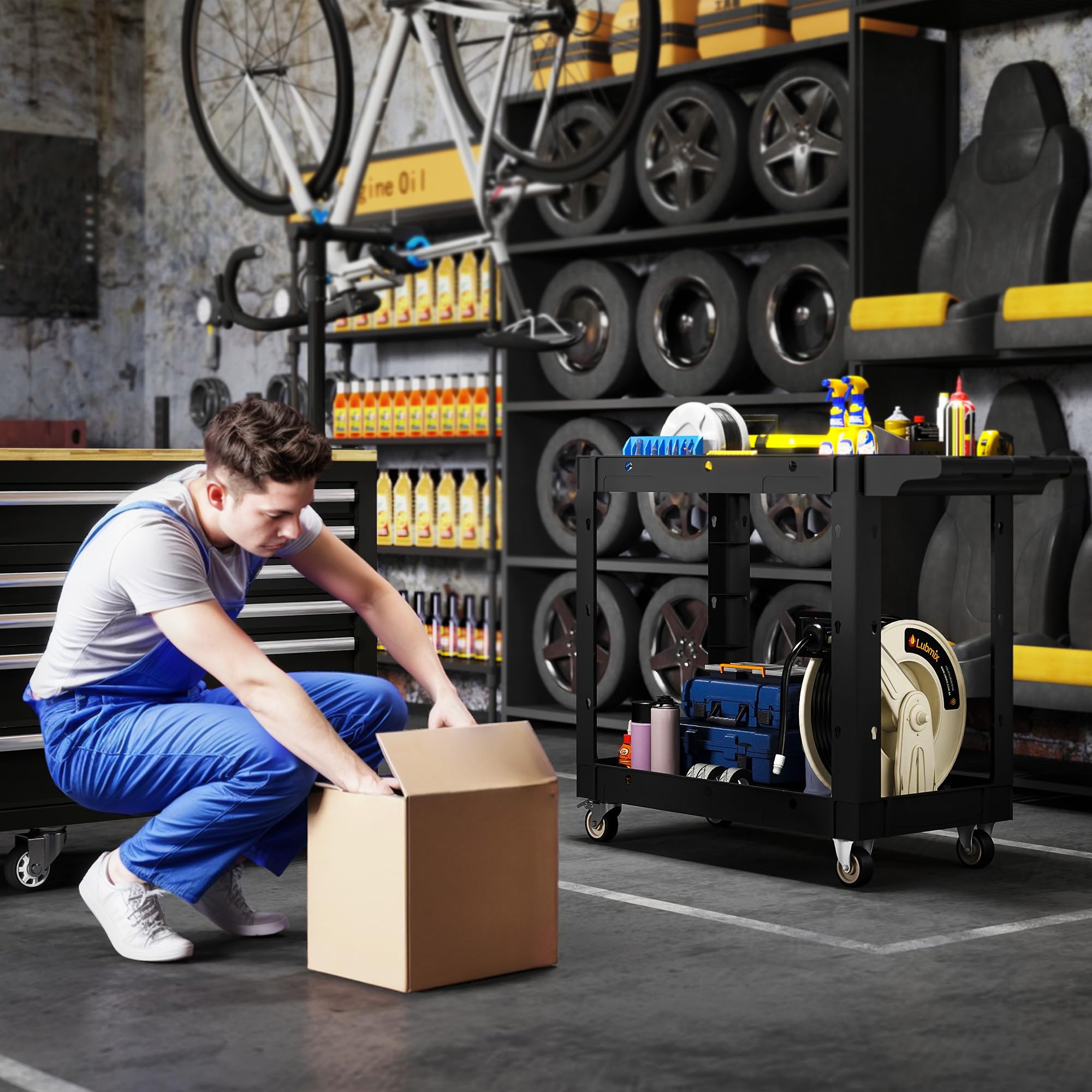 HOMCOM Werkstatt-Rollwagen mit 2 Etagen, Werkstattwagen mit Hakenlöchern Seitengriff, Werkzeugwagen für Lagerhaus, Garage, max. 227 kg Belastbar, Schwarz