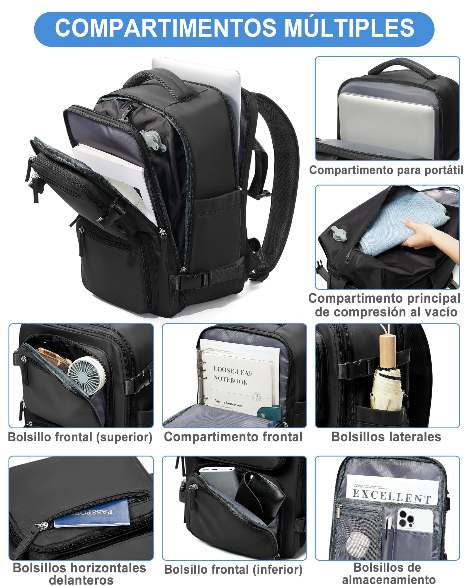 suradar Mochila al Vacío Mochila Viaje Cabina Avion 40x20x25 Ryanair Mochilas Vacio con Bomba para Hombre y Mujer con Sistema de Compresion Negro