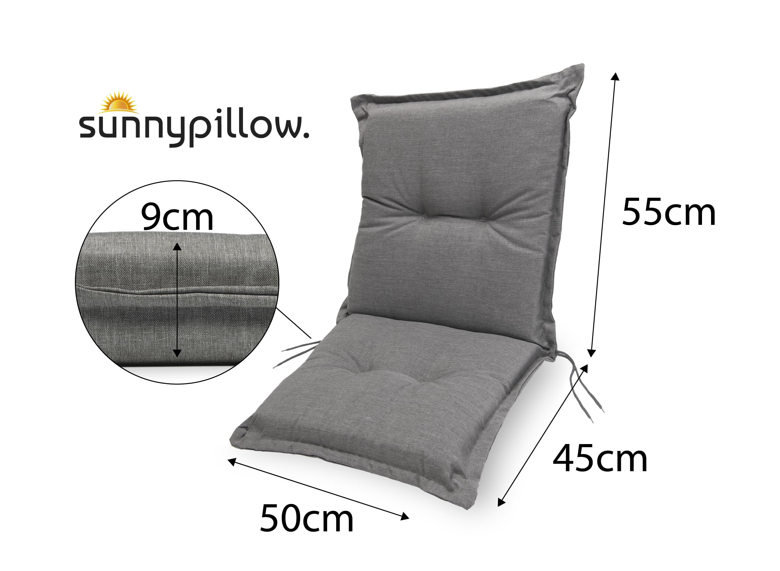 sunnypillow Set di 6 Cuscini per Sedia da Giardino con Schienale Basso - 100 x 50 Spesso 9 cm - per Interni ed Esterni - Impermeabile e Resistente ai Raggi UV - Made in EU - Grigio