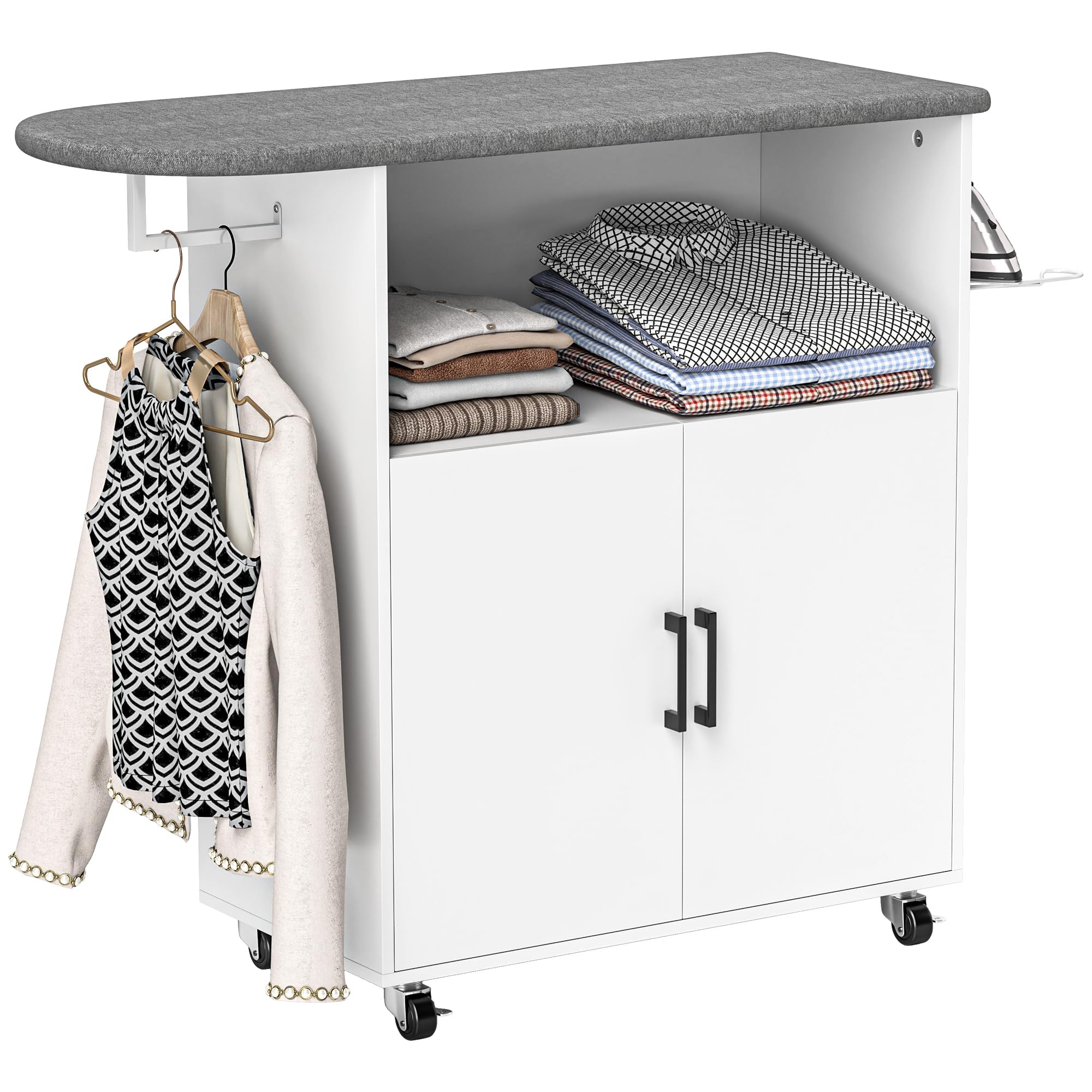 HOMCOM Armoire à repasser sur roulettes - Planche à repasser avec support de suspension - Tablette ouverte et planche à repasser - 125 x 43,5 x 102,5 cm - Blanc