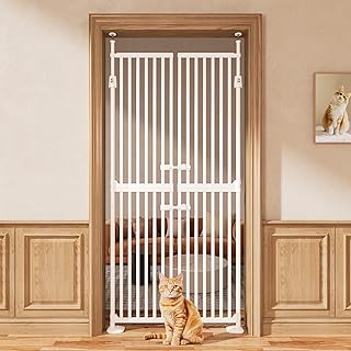 71\" High Extra Tall Cat Gate, 33.85-35.43\" Wide Cat Safety Gate, 1.34\" Extra Narrow Gap, Auto Close, No Drilling, Double Pet Door for Doorways, Kitchen