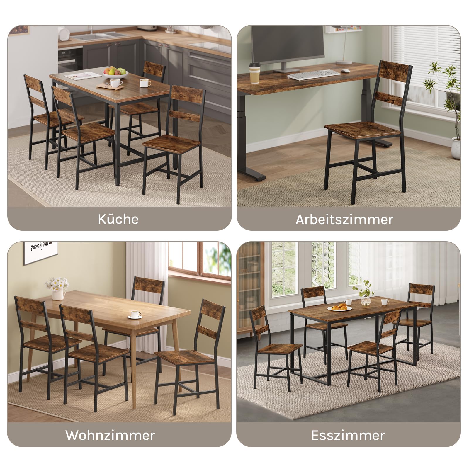 Esszimmerstühle 2er Set, Küchenstühle, Wohnzimmerstühle, mit Metallrahmen, ergonomischer Stuhl,für Küche Wohnzimmer Balkon, Industriestil, Rustikales Braun, K0027EZS-2