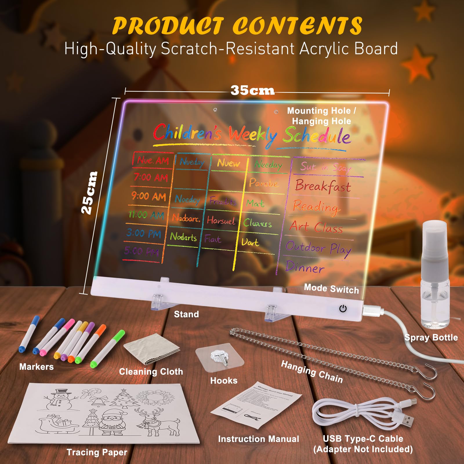 LED Zeichenbrett Kinder 35x25cm, Acryl LED Maltafel mit 13 Farben & 6 Modi, Leuchtzeichentafel mit 7 Bunte Marker & Pausheft, Kreatives Geschenk für Mädchen Jungen
