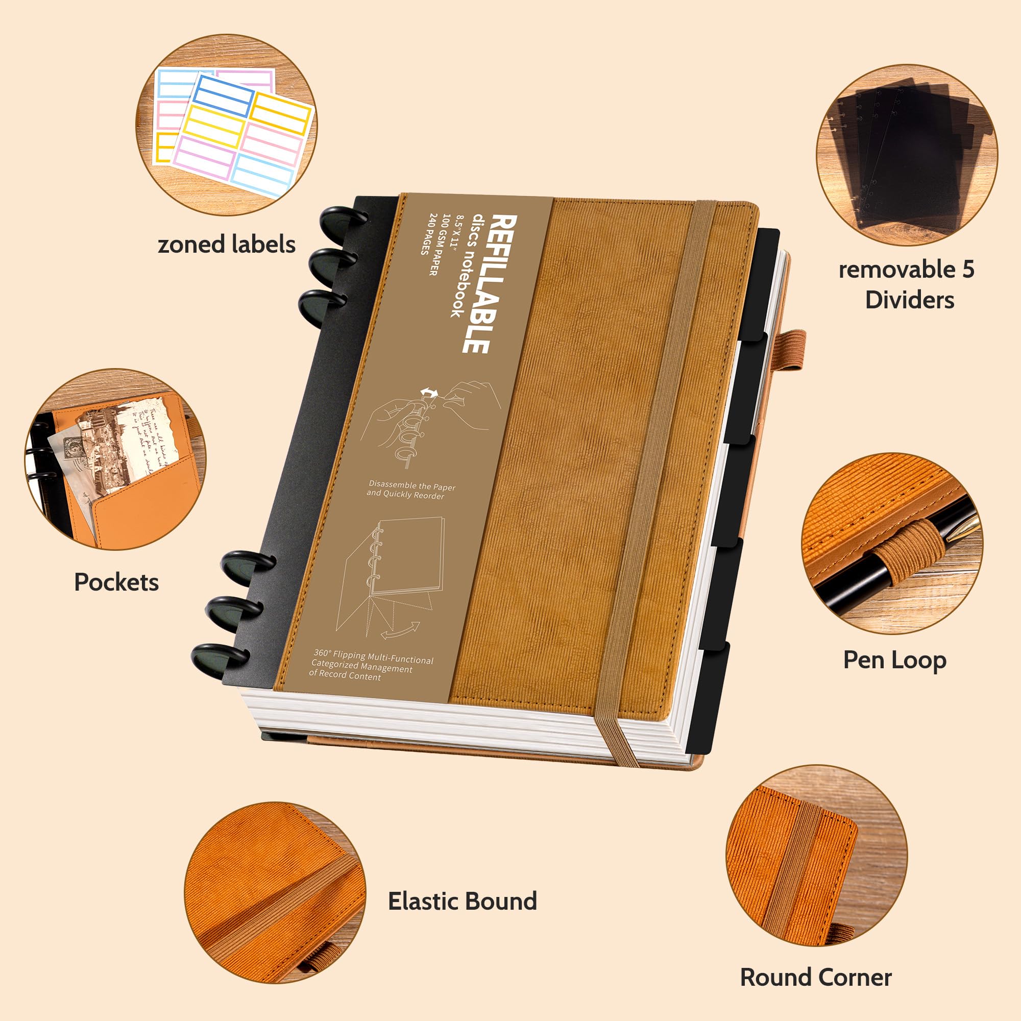 Cuadernos recargables para trabajo encuadernados en disco: cuaderno de tapa dura con 5 temas separadores, pestañas separables, diario grande con rayas universitarias, diario grande para escribir
